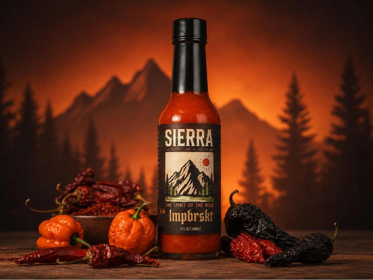 Sierra Hot Sauce by lmpbrskt — bottle surrounded by dried peppers against a High Sierra backdrop