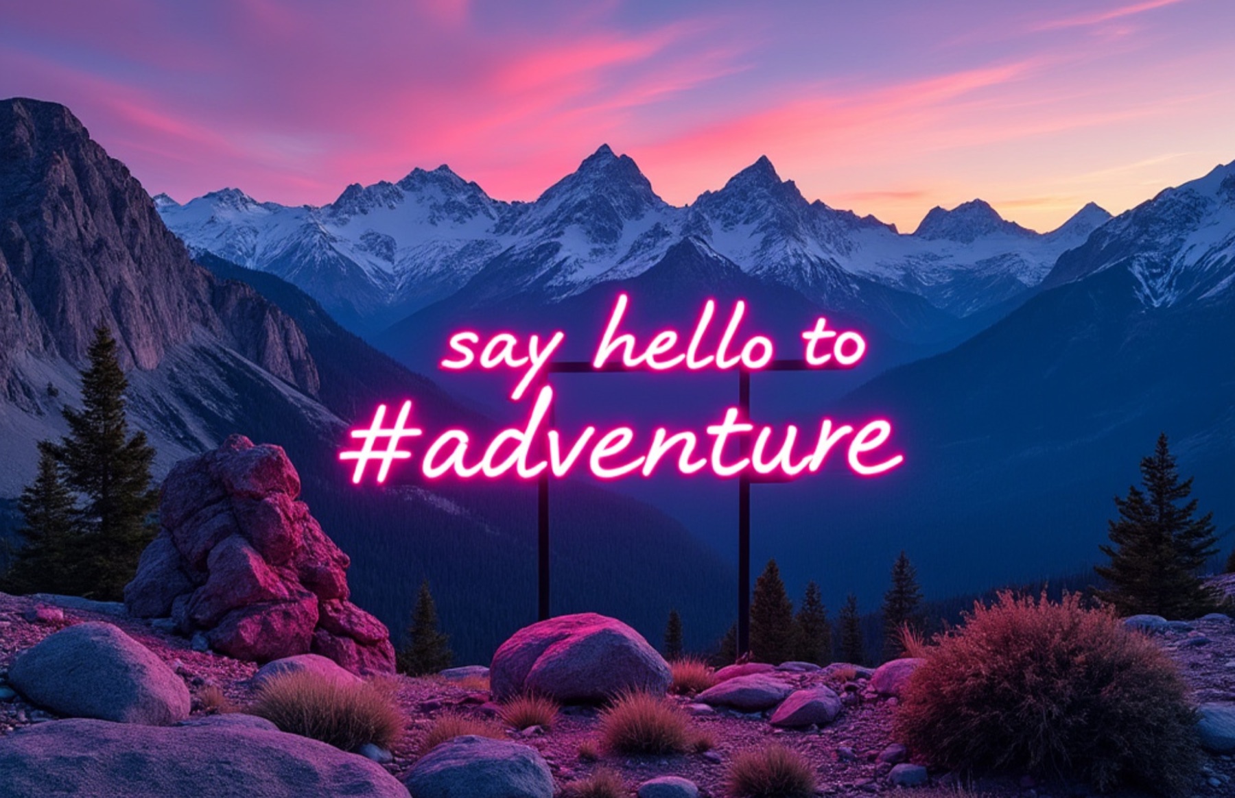 Neon sign reading “say hello to #adventure” in front of snow-capped Sierra peaks at dusk